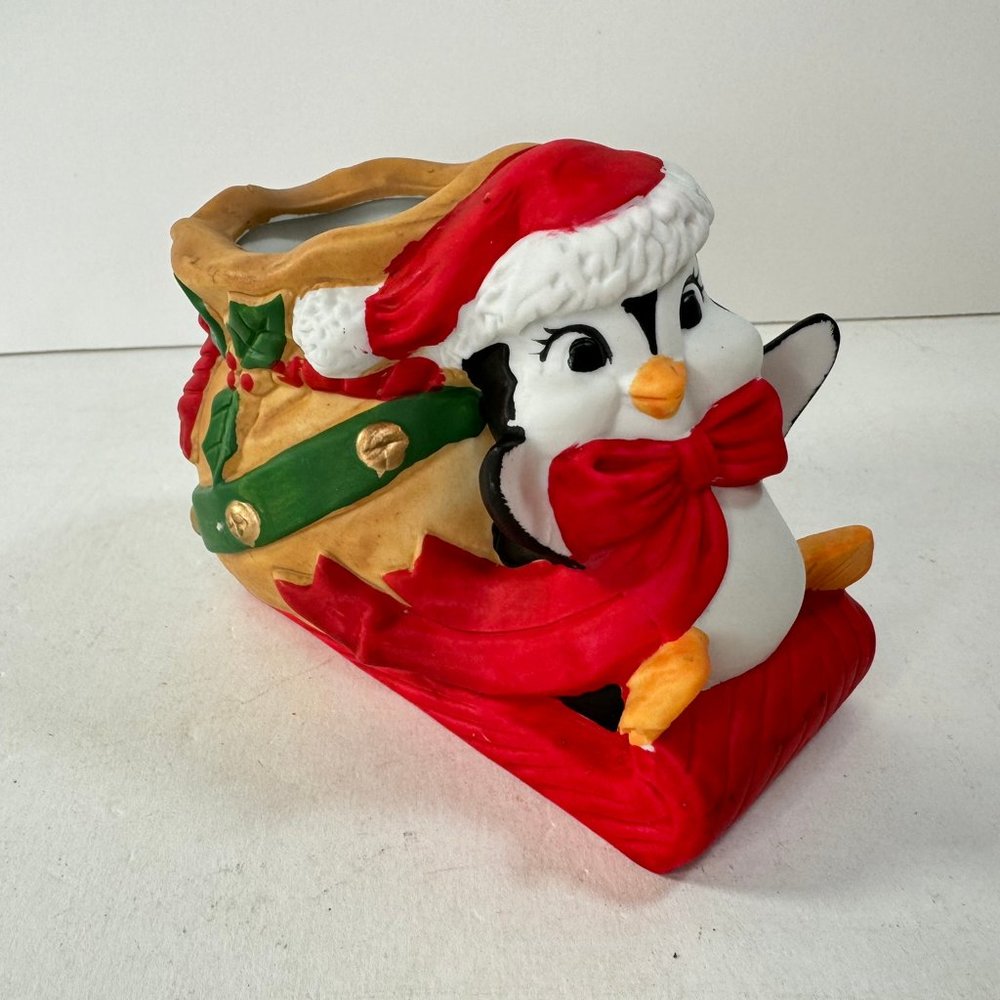 Vtg House of Lloyd Penguin Riding Sleigh Candy Dish Ceramic 1989